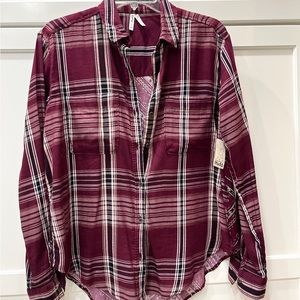 MUDD Small Long Sleeve Plaid Burgandy Top New w Tags Blouse Shirt